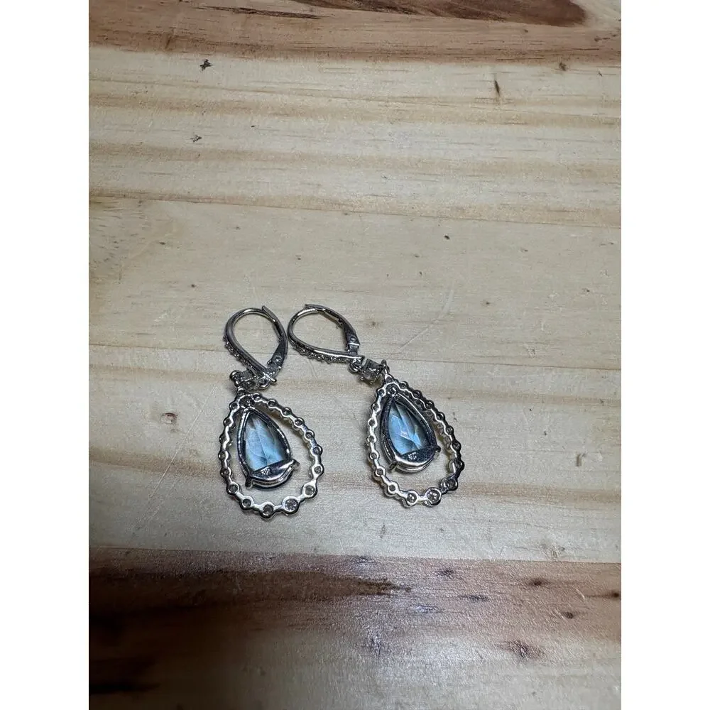 Blue Rhinestone Teardrop Dangle Leverback Earrings